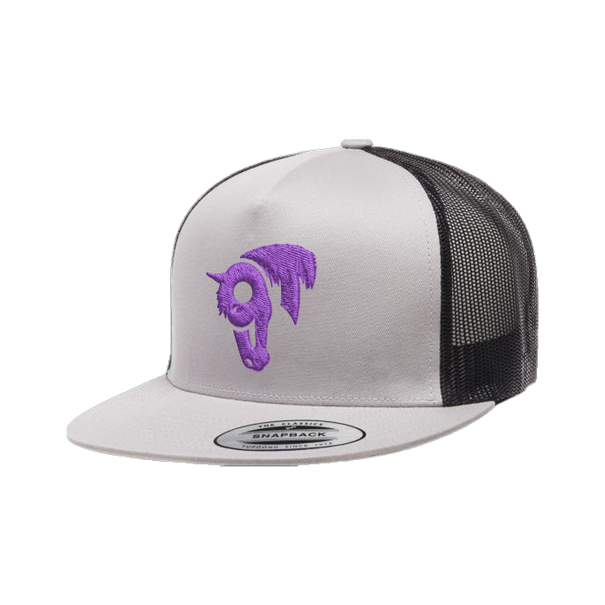 9T Horse Yupoong 6006 Hat / Black/Silver / Purple / angle on white