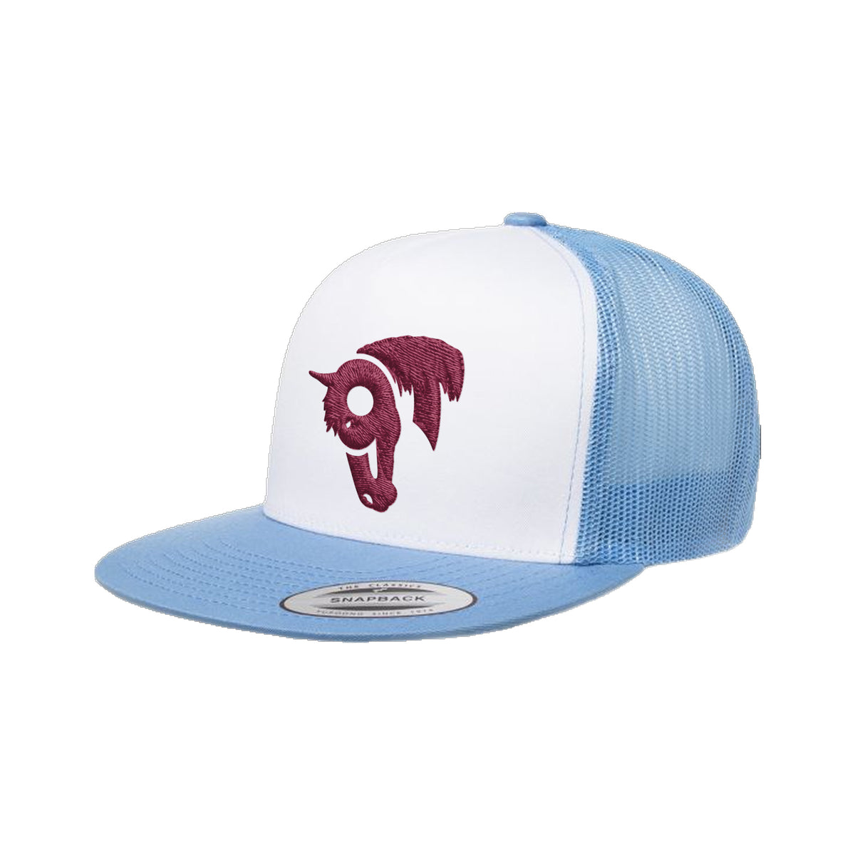 9T Horse Yupoong 6006 Hat / Carolina Blue/White/Carolina Blue / Maroon / angle on white