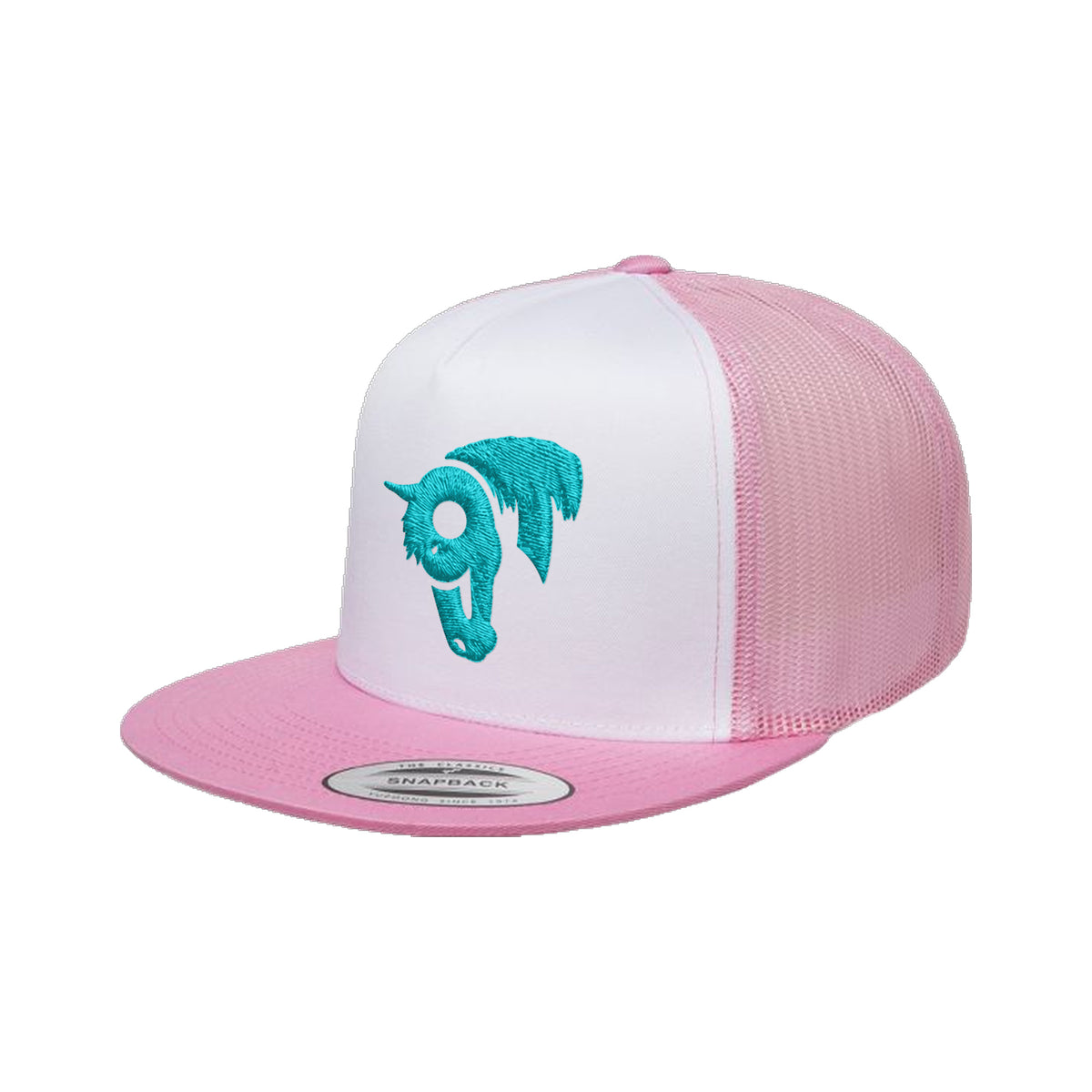 9T Horse Yupoong 6006 Hat / Pink/White/Pink / Teal / angle on white