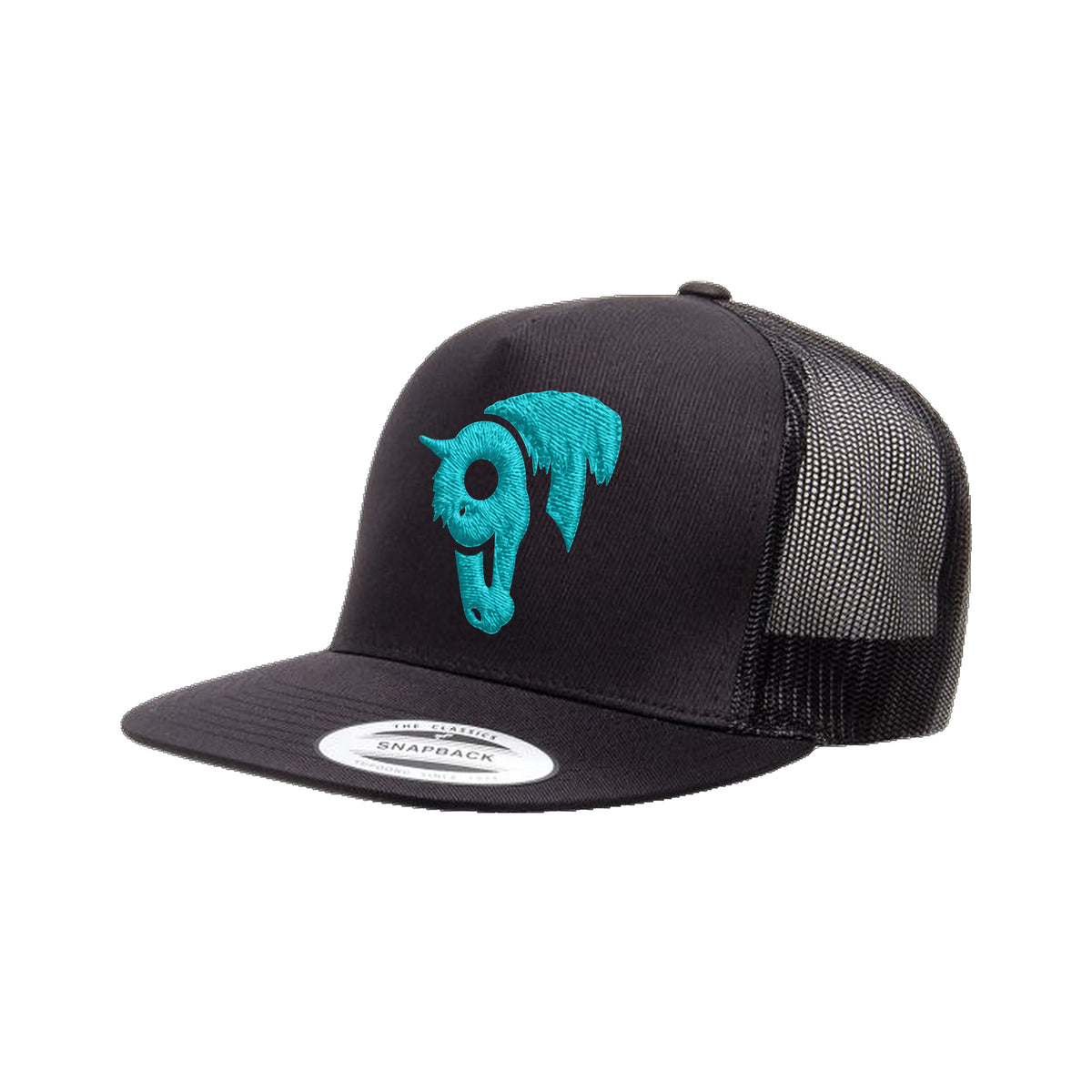 9T Horse Yupoong 6006 Hat / Black / Teal / angle on white