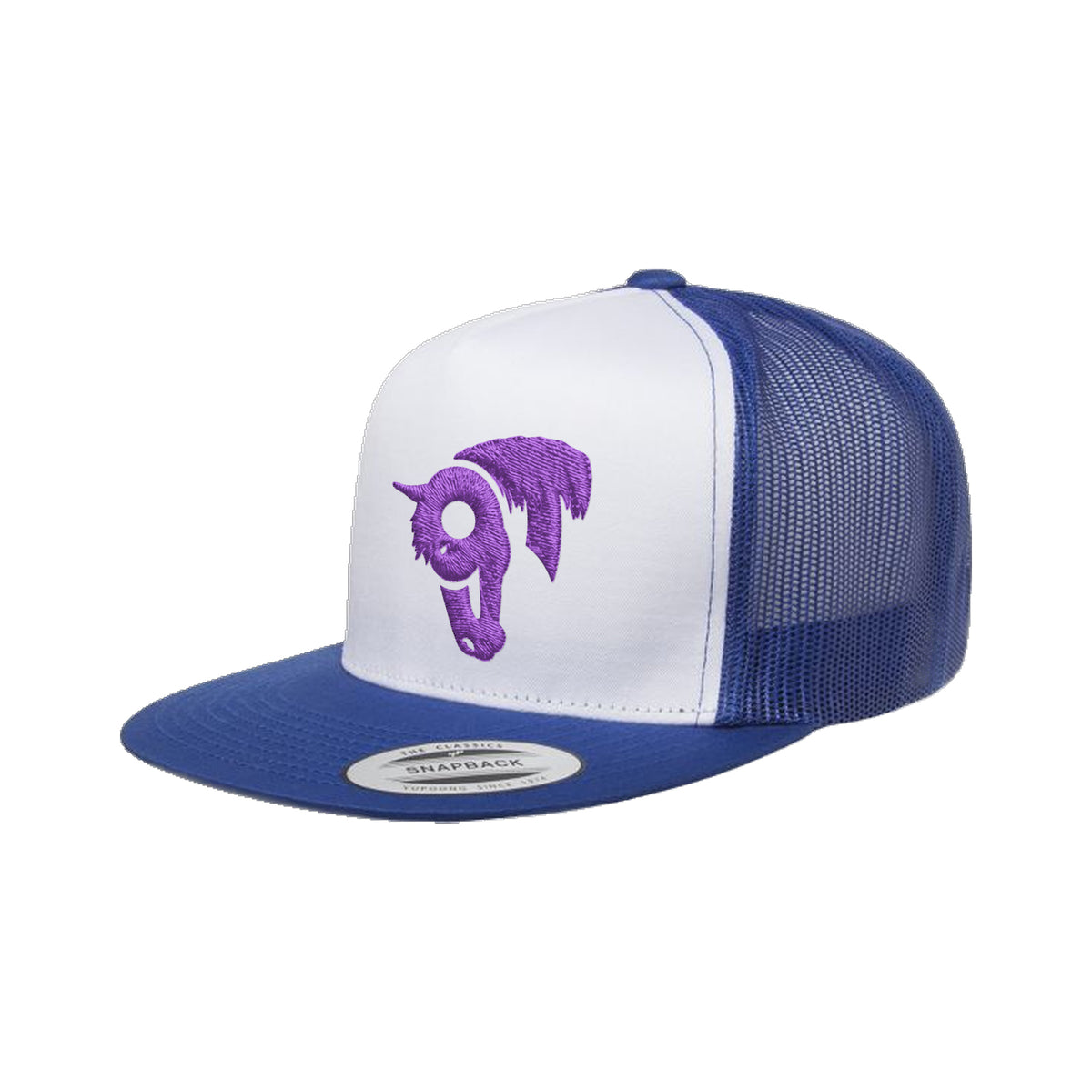 9T Horse Yupoong 6006 Hat / Royal/White/Royal / Purple / angle on white