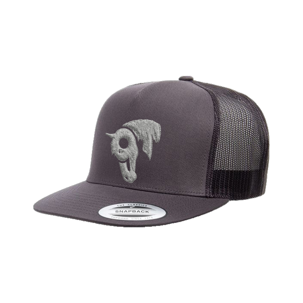 9T Horse Yupoong 6006 Hat / Charcoal / Grey / angle on white