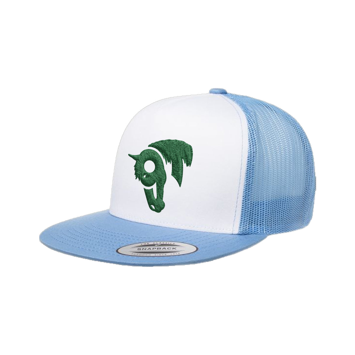 9T Horse Yupoong 6006 Hat / Carolina Blue/White/Carolina Blue / Dark Green / angle on white