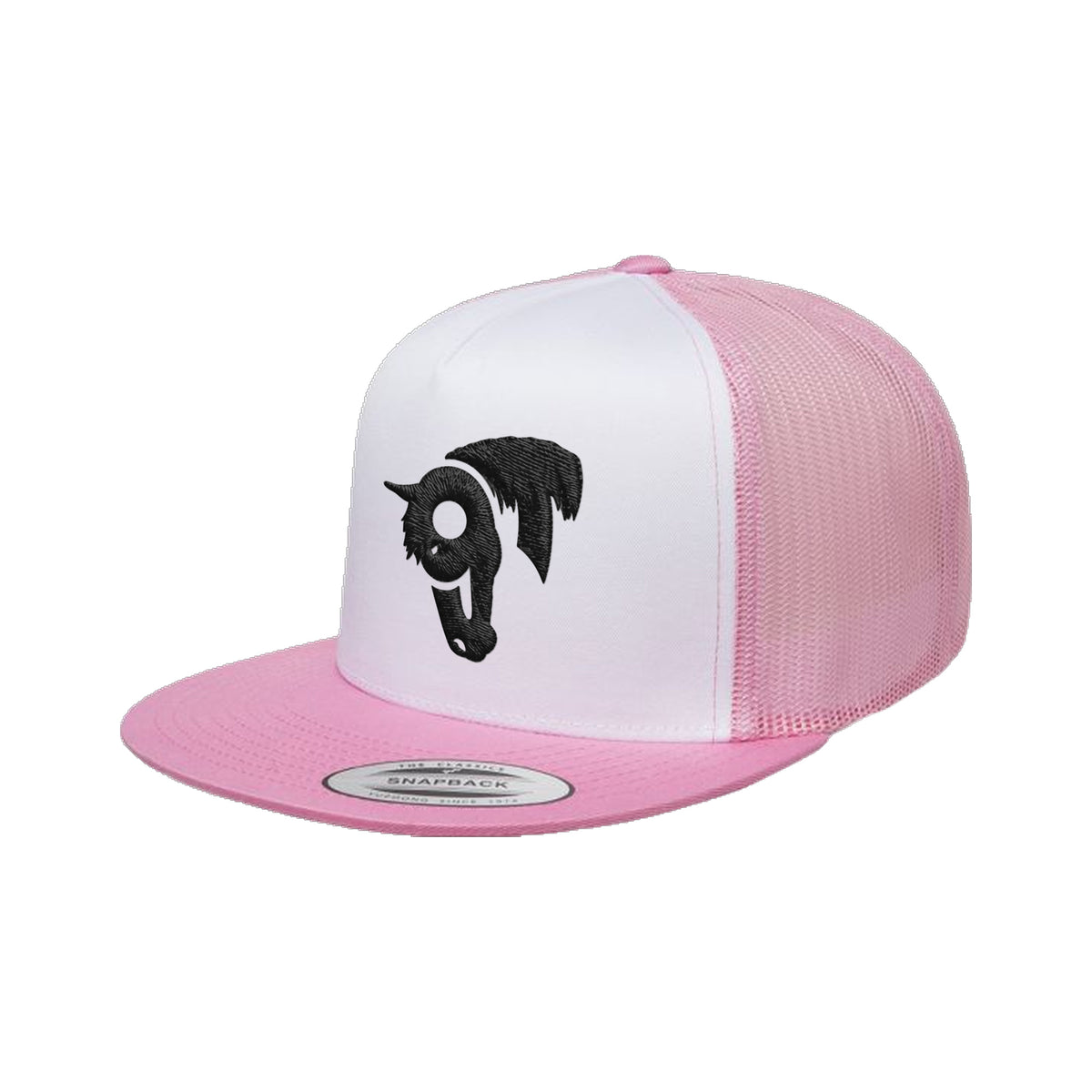 9T Horse Yupoong 6006 Hat / Pink/White/Pink / Black / angle on white