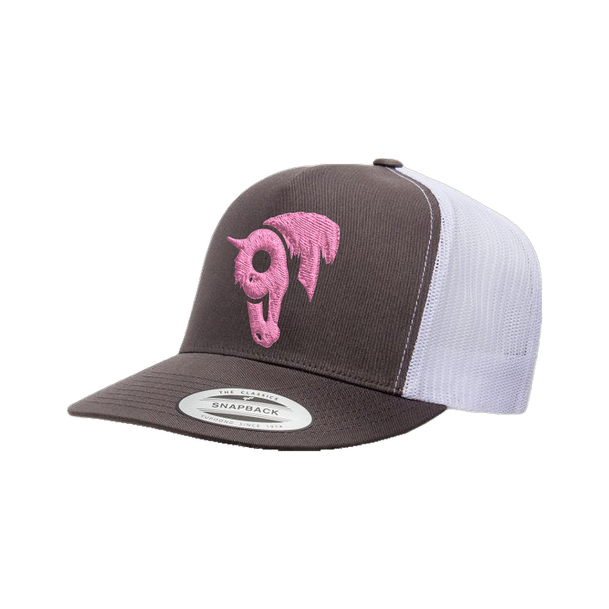 9T Horse Yupoong 6006 Hat / Charcoal/White / Pink / angle on white