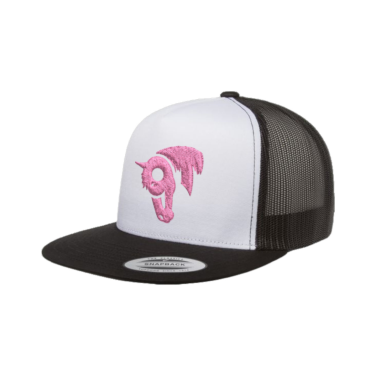 9T Horse Yupoong 6006 Hat / Black/White/Black / Pink / angle on white