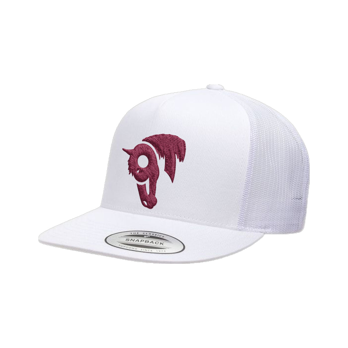 9T Horse Yupoong 6006 Hat / White / Maroon / angle on white