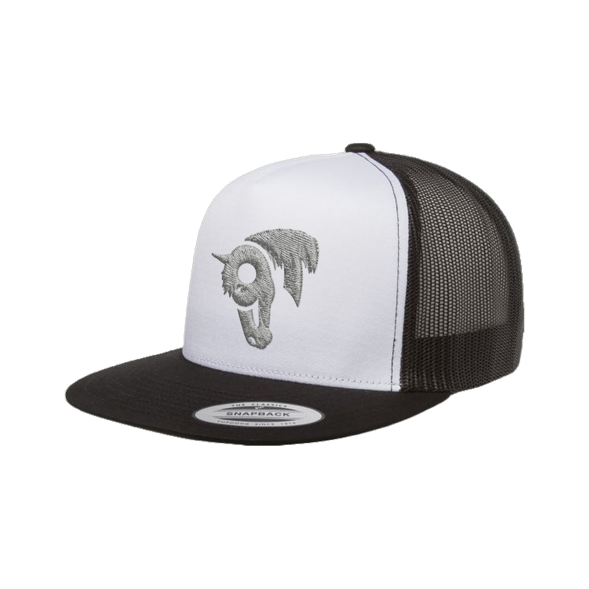 9T Horse Yupoong 6006 Hat / Black/White/Black / Grey / angle on white