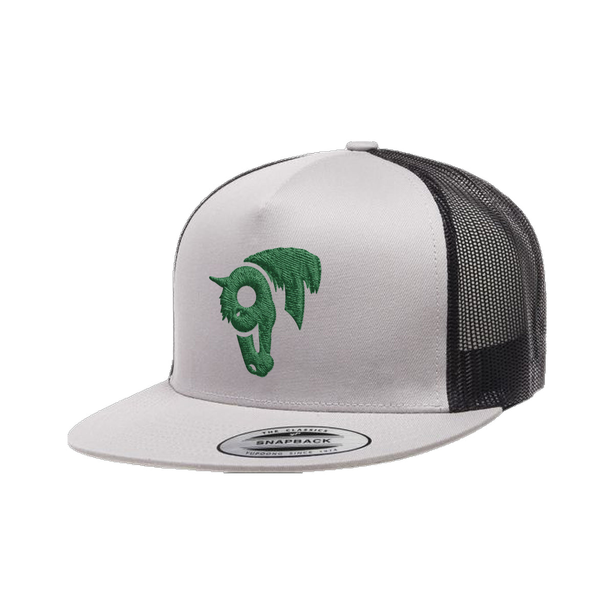 9T Horse Yupoong 6006 Hat / Black/Silver / Dark Green / angle on white