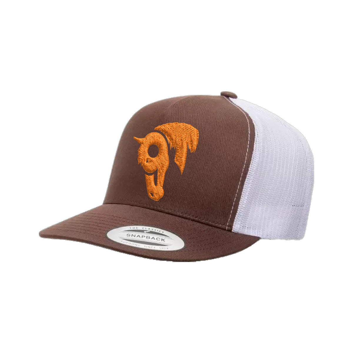 9T Horse Yupoong 6006 Hat / Brown/White / Orange / angle on white