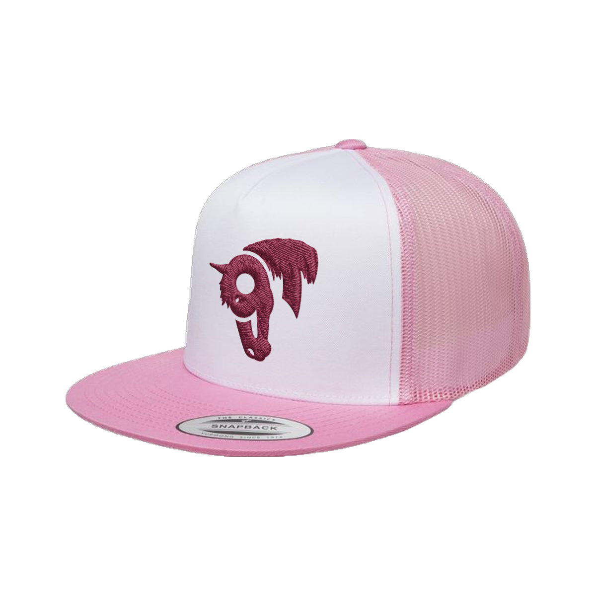 9T Horse Yupoong 6006 Hat / Pink/White/Pink / Maroon / angle on white