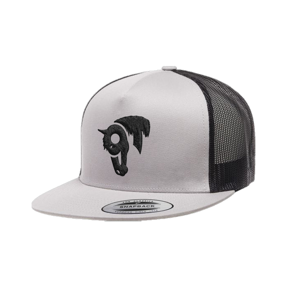 9T Horse Yupoong 6006 Hat / Black/Silver / Black / angle on white