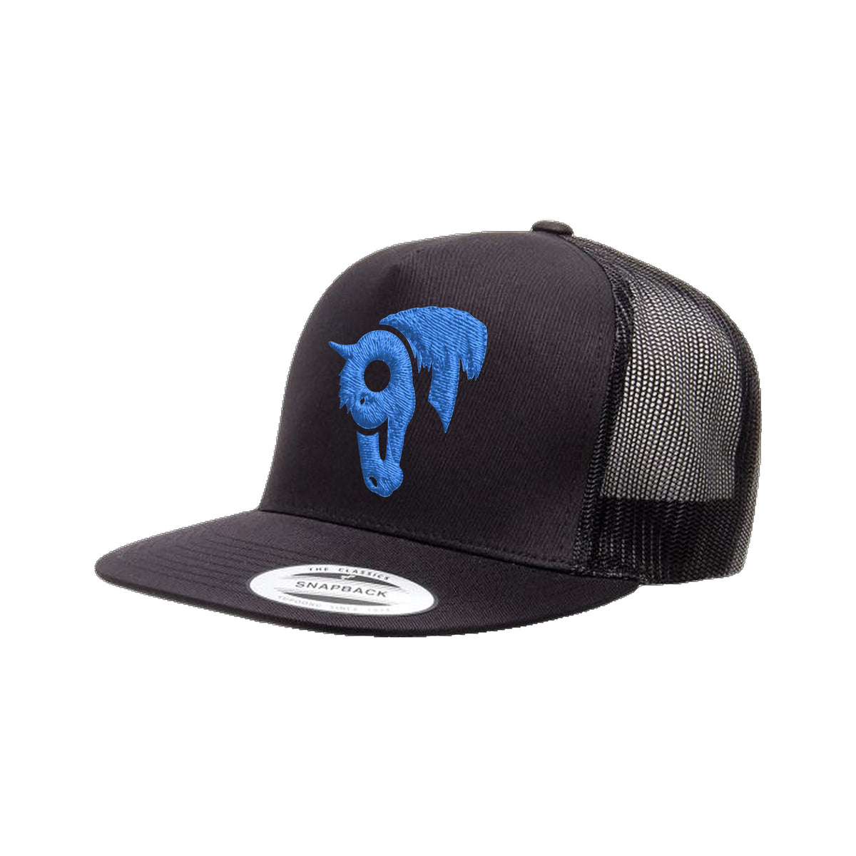 9T Horse Yupoong 6006 Hat / Black / Blue / angle on white