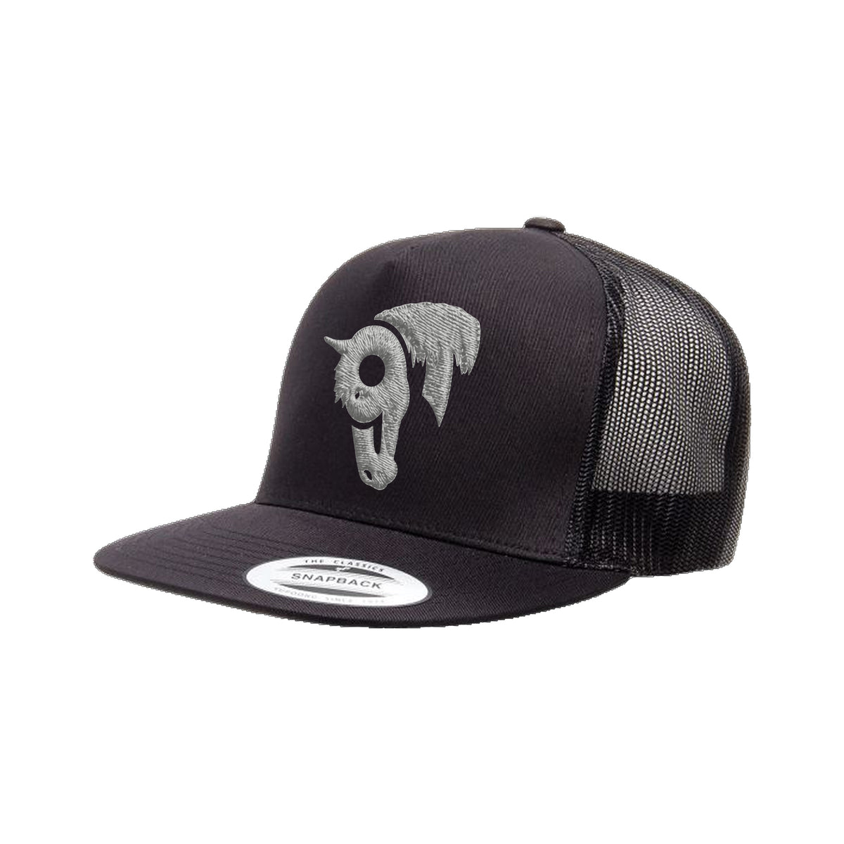 9T Horse Yupoong 6006 Hat / Black / Grey / angle on white