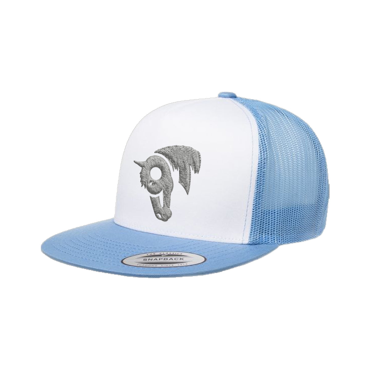 9T Horse Yupoong 6006 Hat / Carolina Blue/White/Carolina Blue / Grey / angle on white