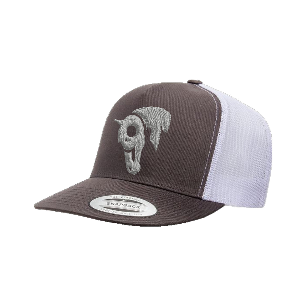 9T Horse Yupoong 6006 Hat / Charcoal/White / Grey / angle on white