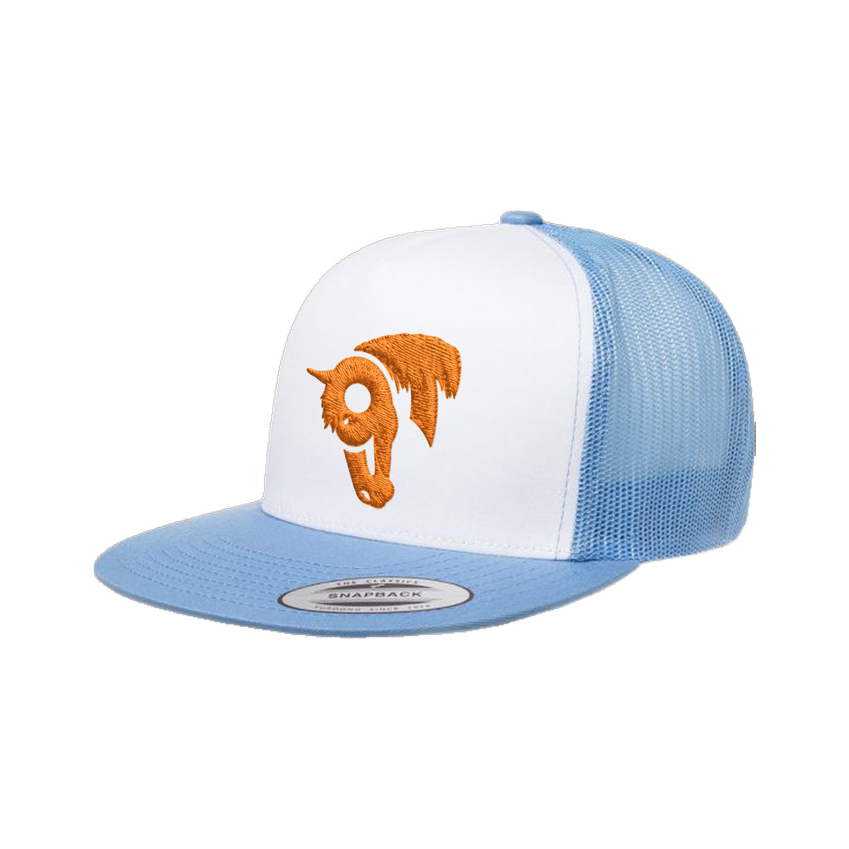 9T Horse Yupoong 6006 Hat / Carolina Blue/White/Carolina Blue / Orange / angle on white