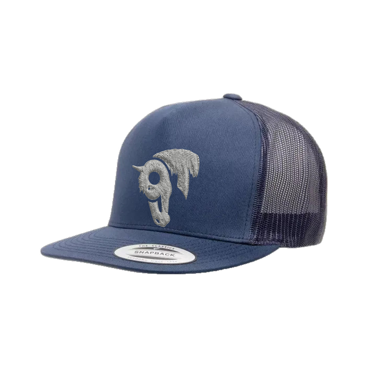 9T Horse Yupoong 6006 Hat / Navy / Grey / angle on white