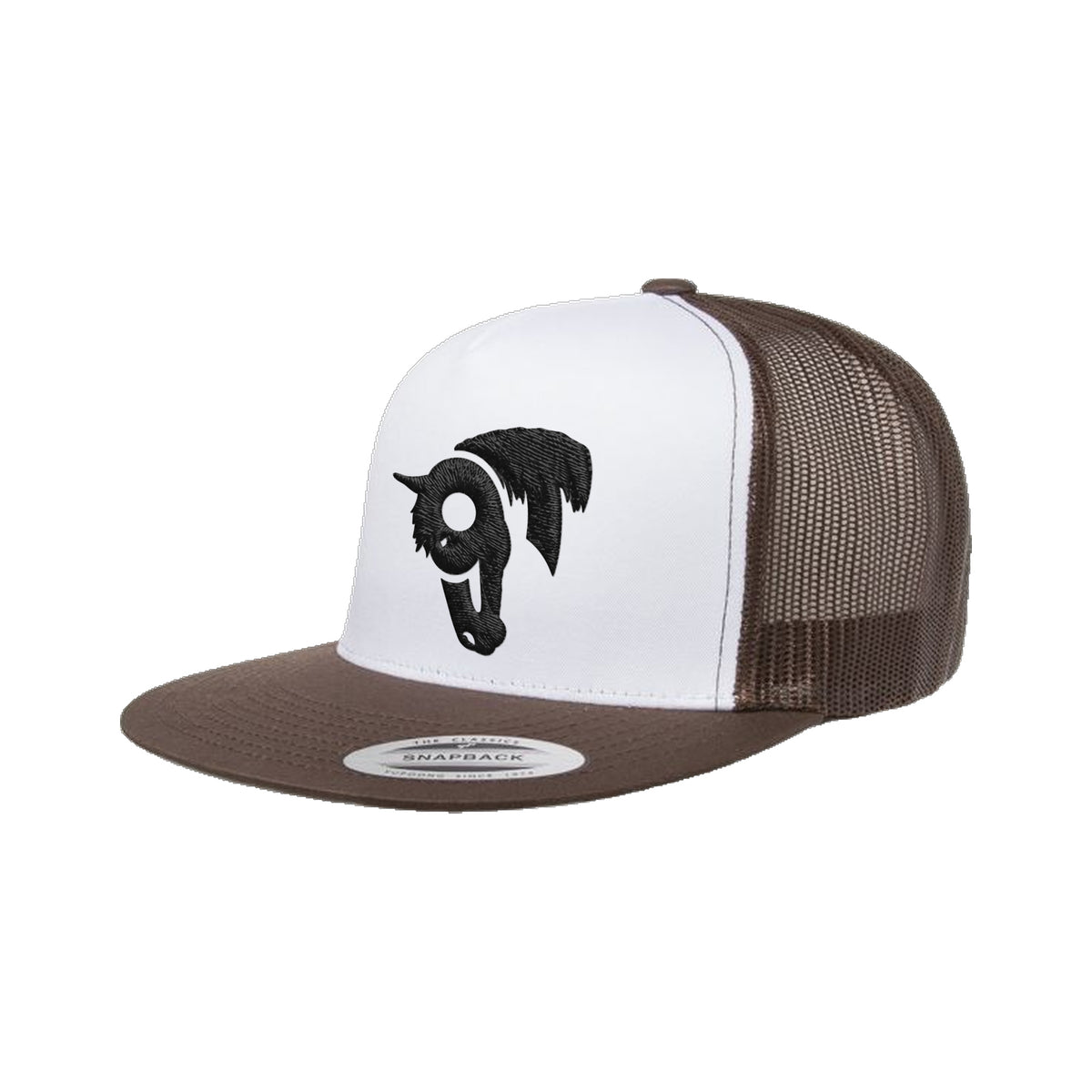 9T Horse Yupoong 6006 Hat / Brown/White/Brown / Black / angle on white