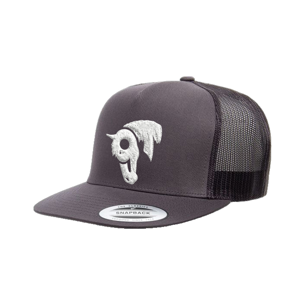 9T Horse Yupoong 6006 Hat / Charcoal / White / angle on white