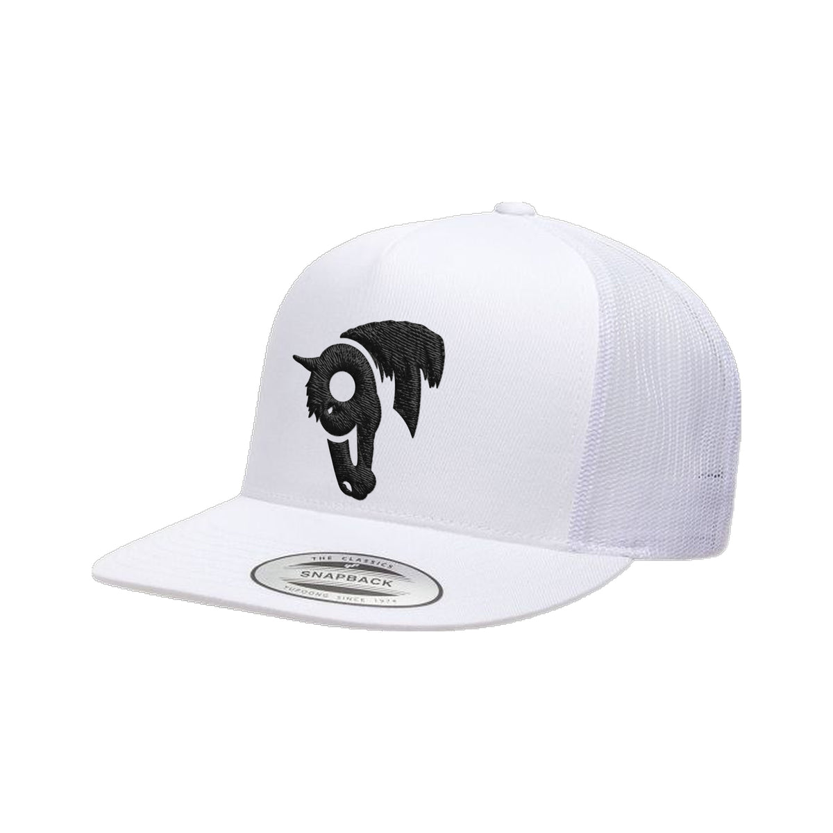 9T Horse Yupoong 6006 Hat / White / Black / angle on white