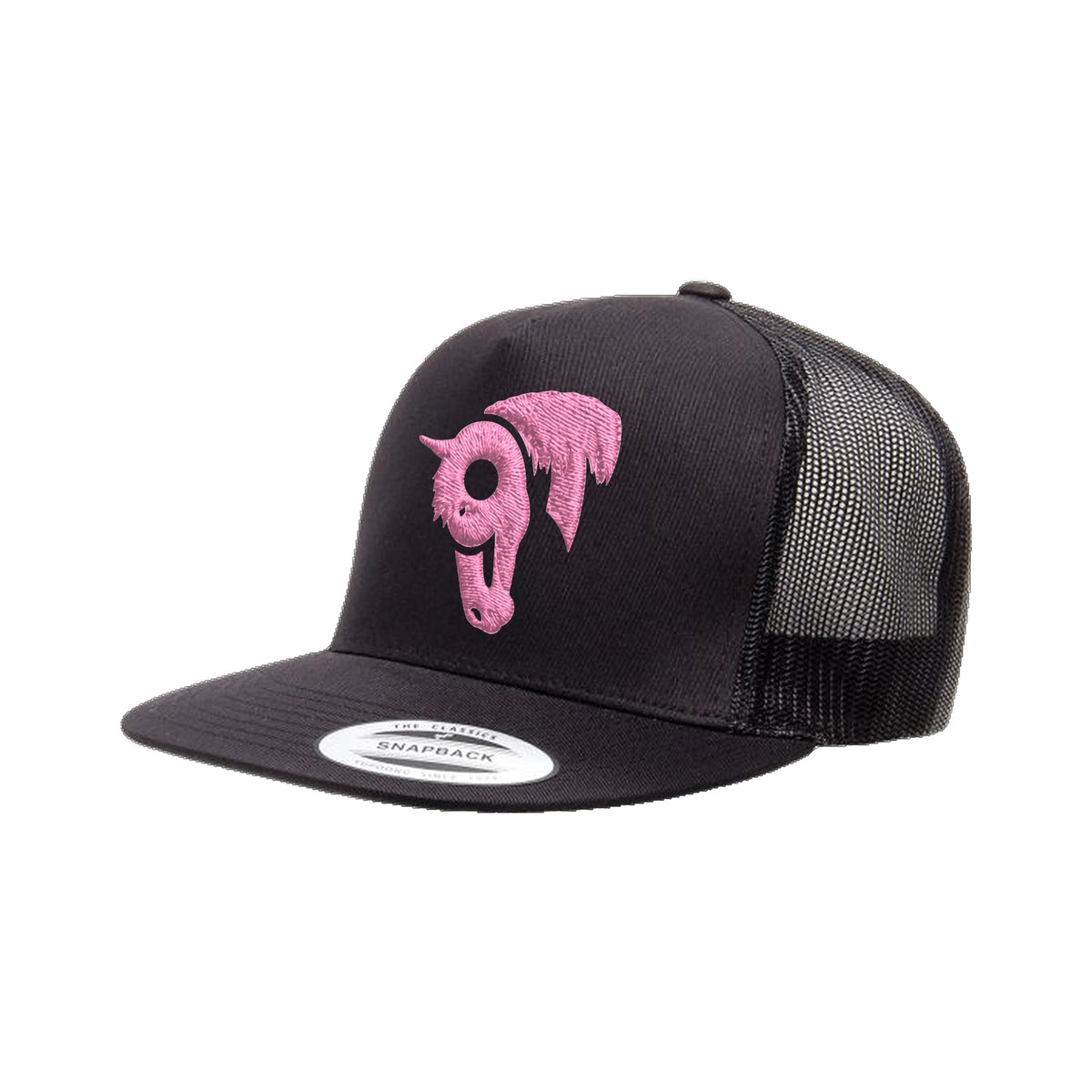 9T Horse Yupoong 6006 Hat / Black / Pink / angle on white