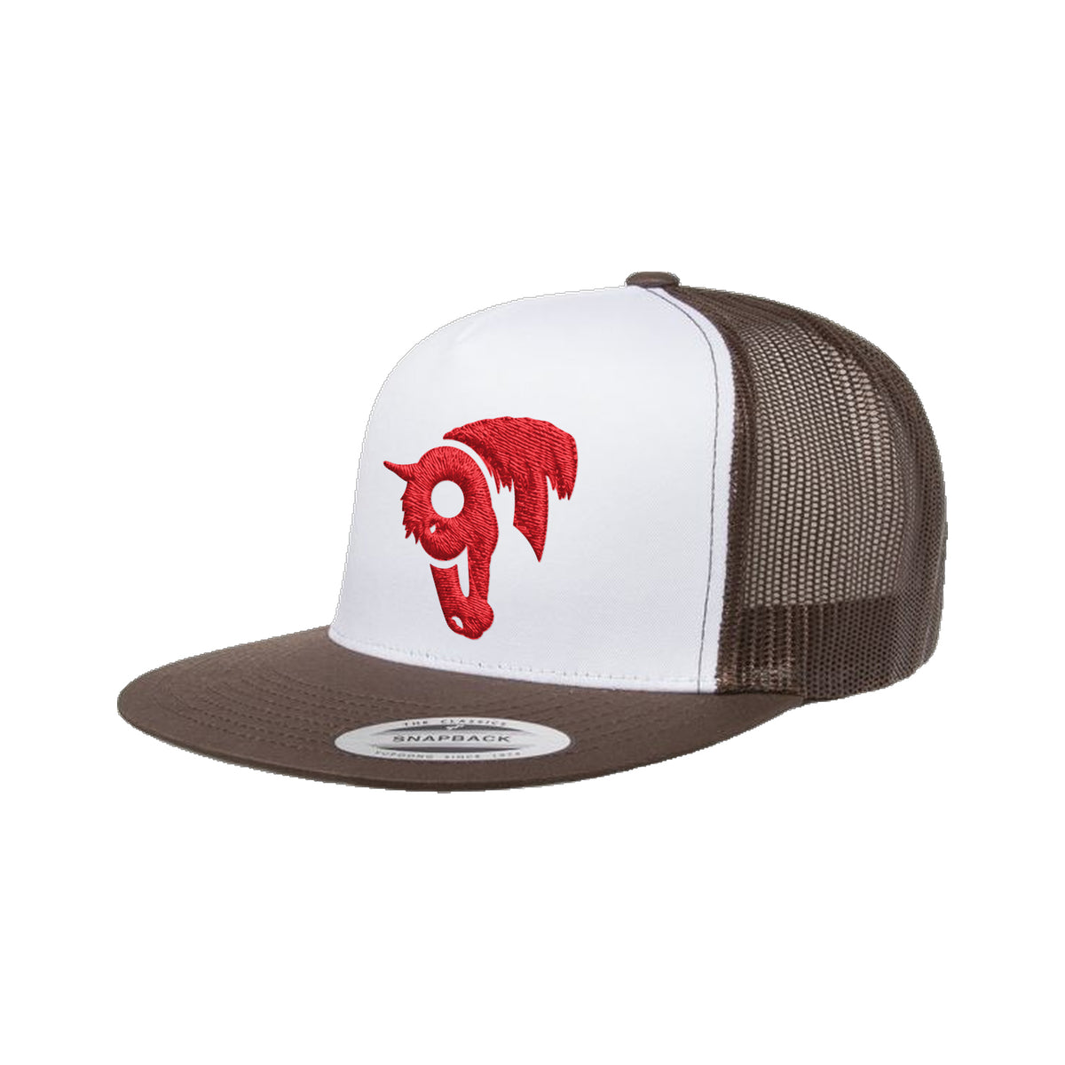9T Horse Yupoong 6006 Hat / Brown/White/Brown / Red / angle on white