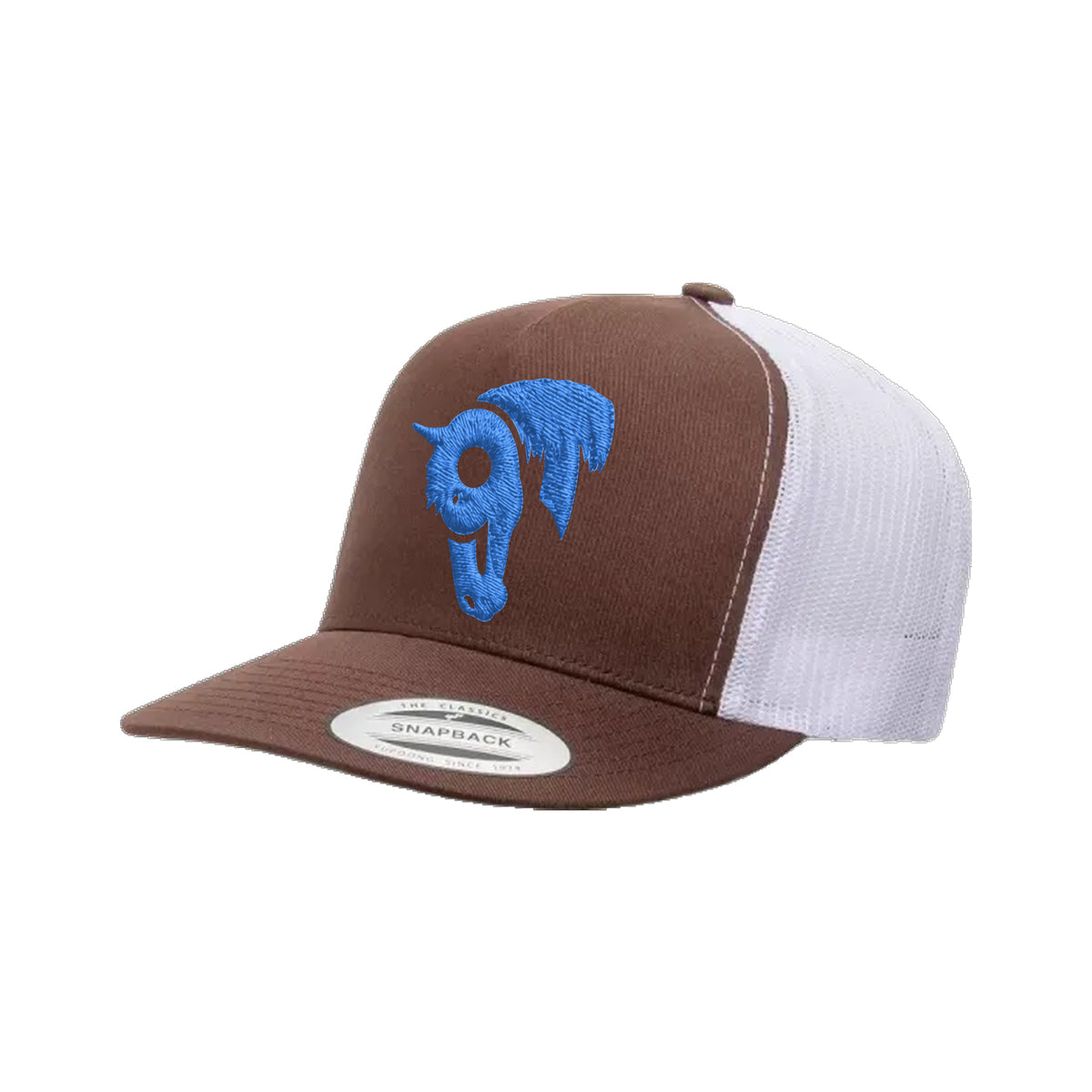 9T Horse Yupoong 6006 Hat / Brown/White / Blue / angle on white