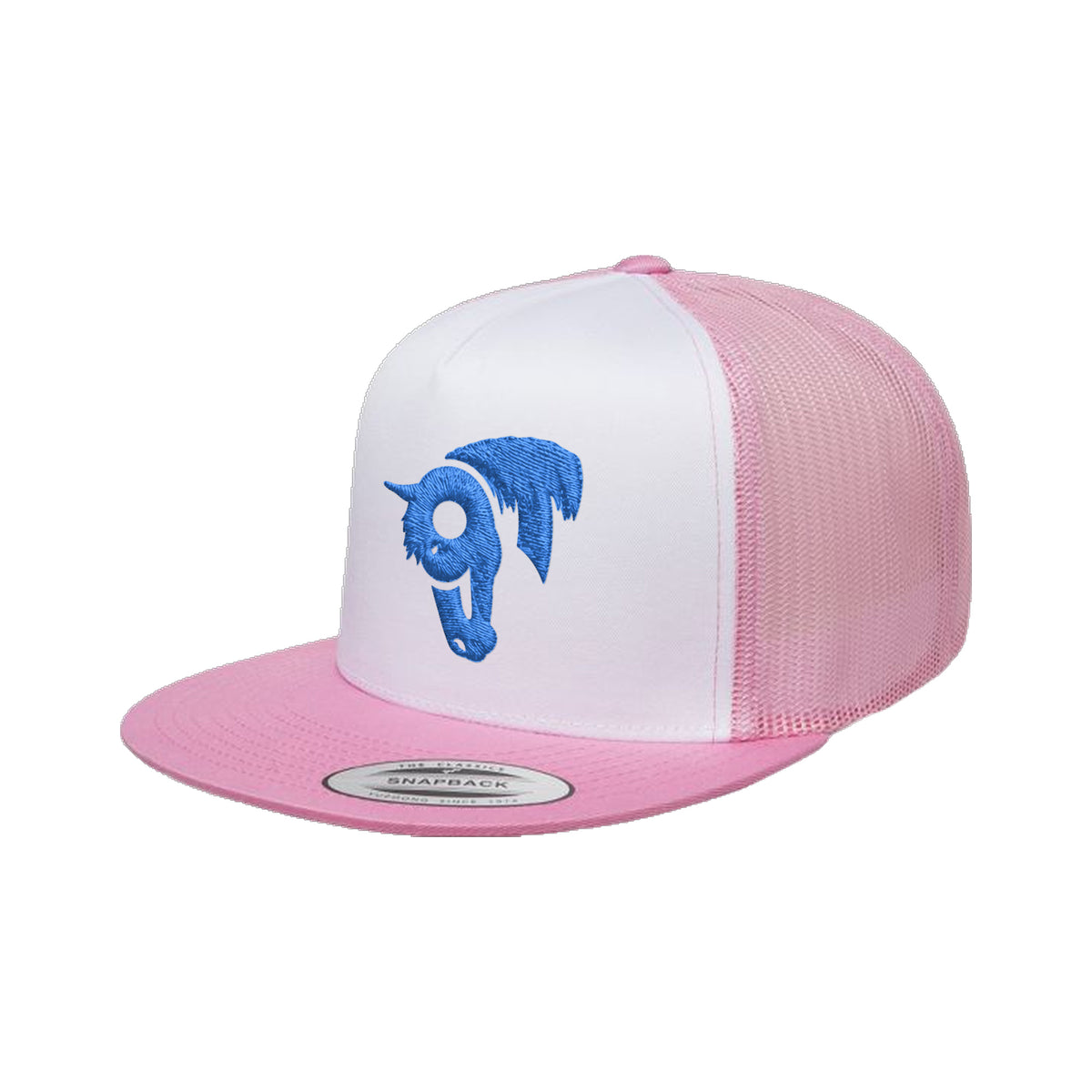 9T Horse Yupoong 6006 Hat / Pink/White/Pink / Blue / angle on white