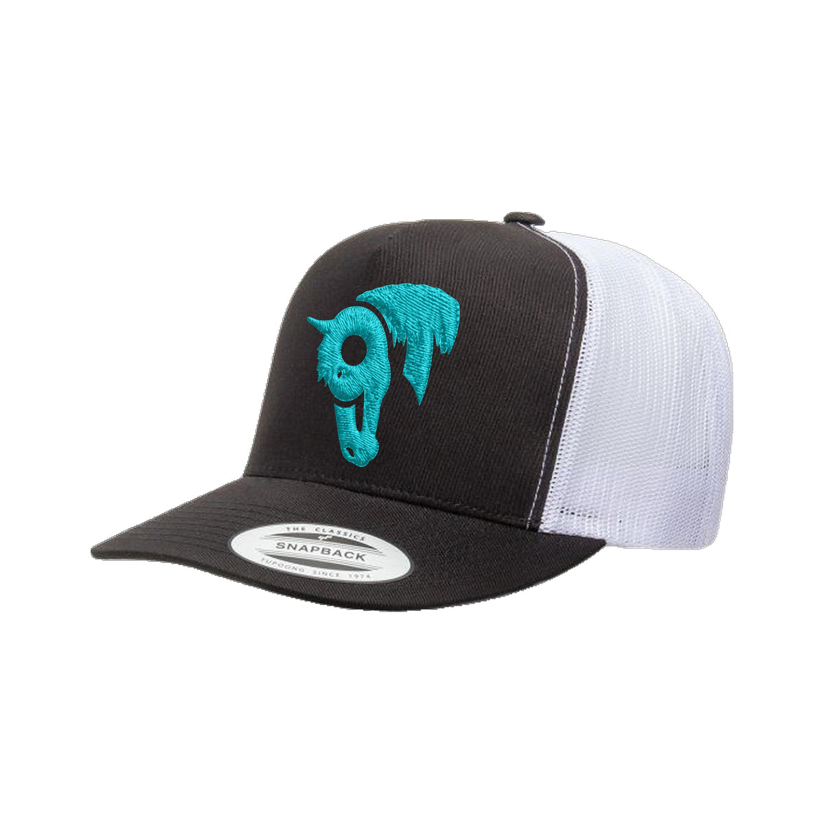 9T Horse Yupoong 6006 Hat / Black/White / Teal / angle on white