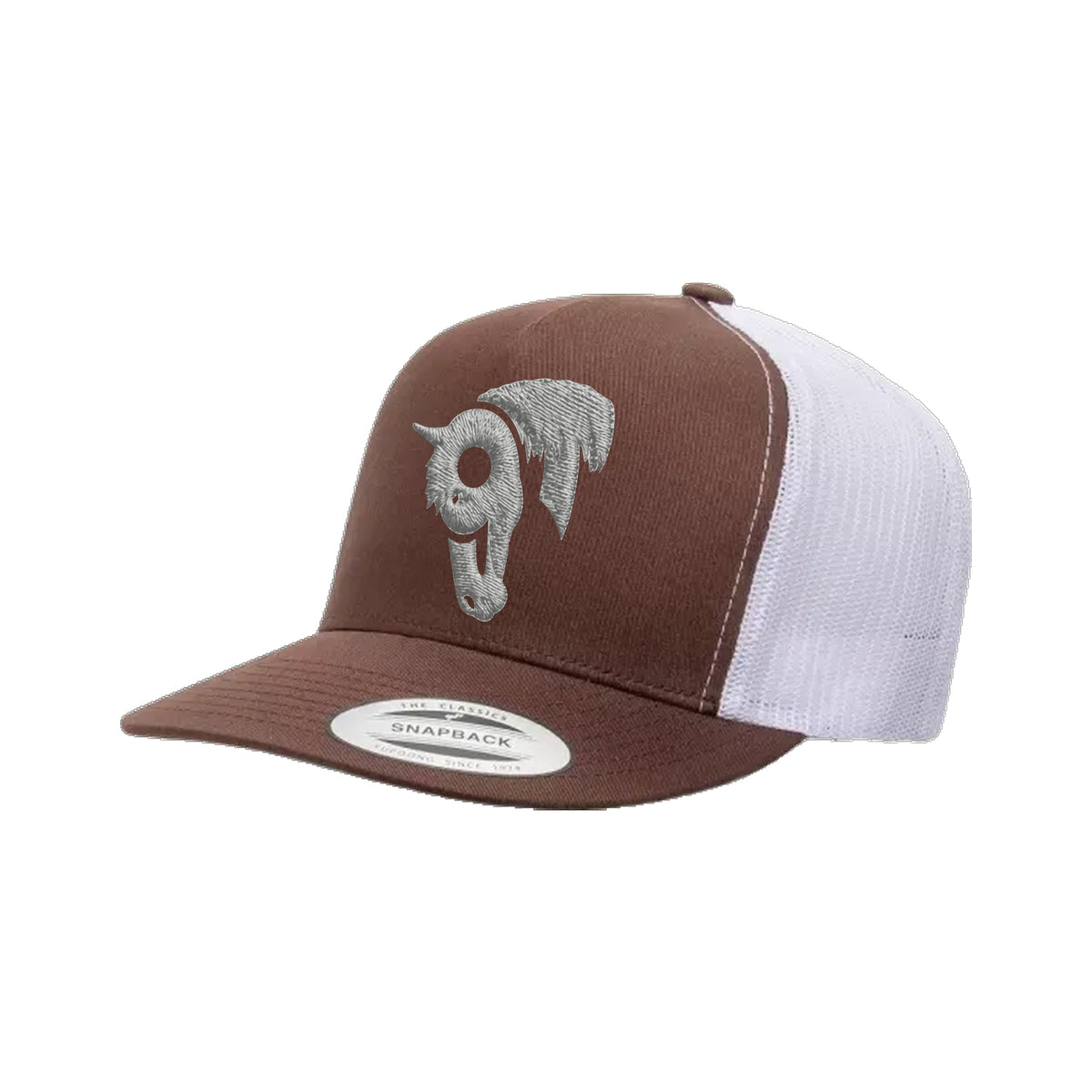 9T Horse Yupoong 6006 Hat / Brown/White / Grey / angle on white