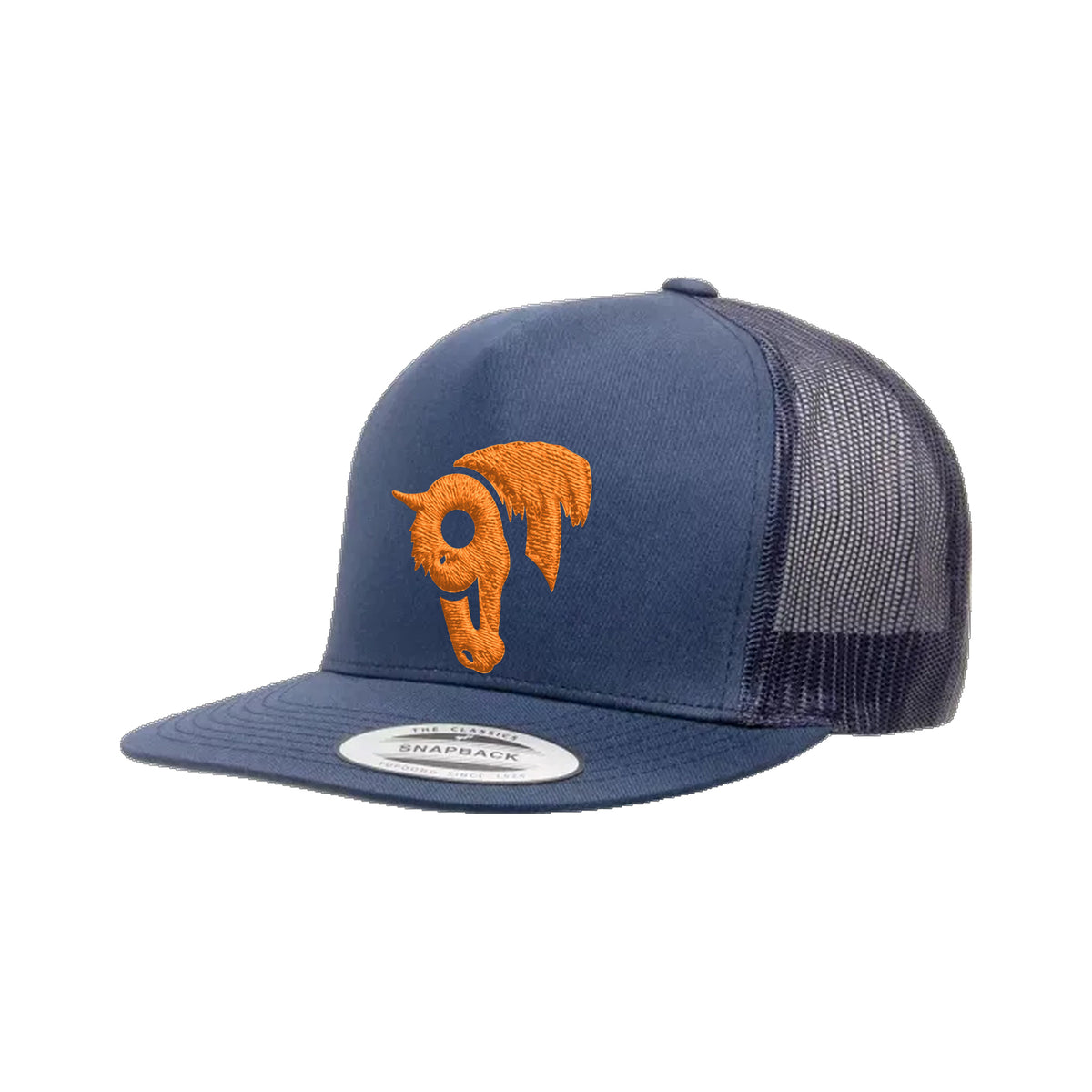 9T Horse Yupoong 6006 Hat / Navy / Orange / angle on white