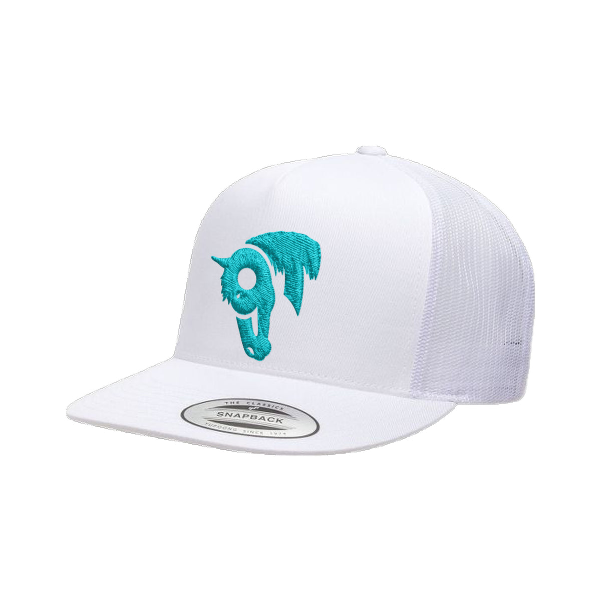 9T Horse Yupoong 6006 Hat / White / Teal / angle on white