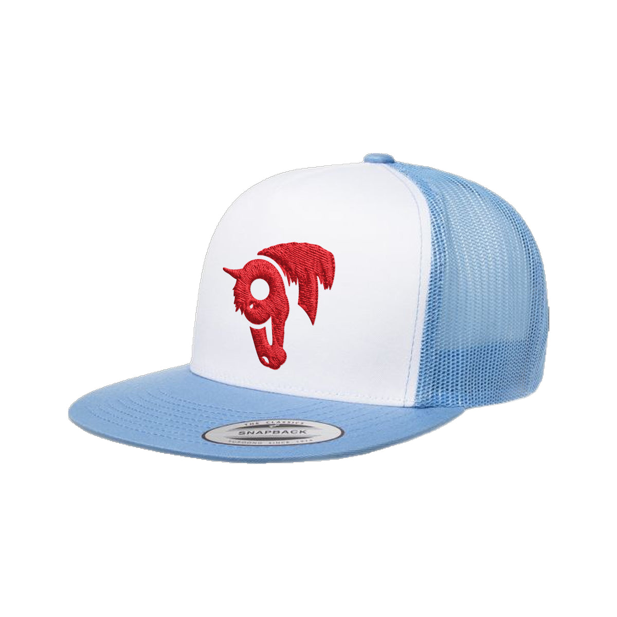 9T Horse Yupoong 6006 Hat / Carolina Blue/White/Carolina Blue / Red / angle on white