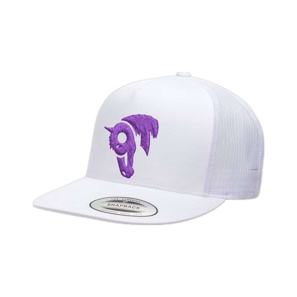 9T Horse Yupoong 6006 Hat / White / Purple / angle on white