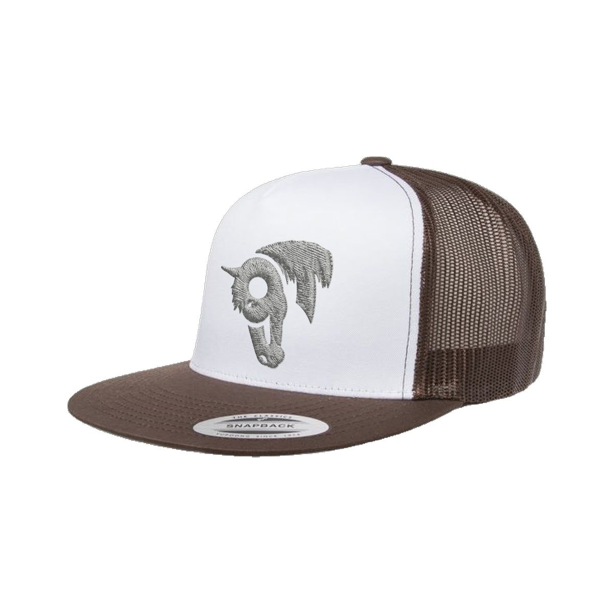 9T Horse Yupoong 6006 Hat / Brown/White/Brown / Grey / angle on white