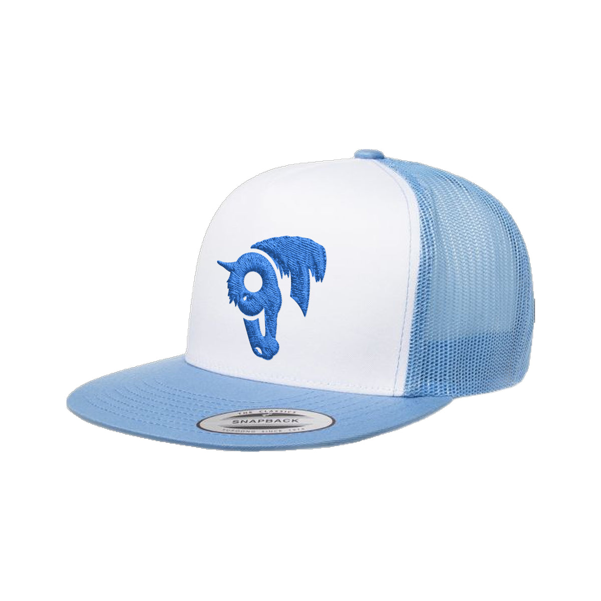 9T Horse Yupoong 6006 Hat / Carolina Blue/White/Carolina Blue / Blue / angle on white