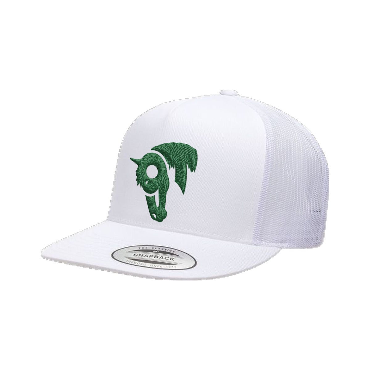 9T Horse Yupoong 6006 Hat / White / Dark Green / angle on white