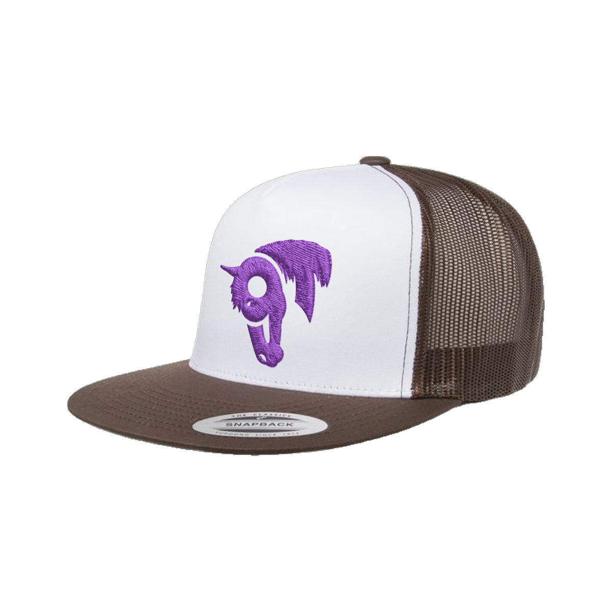 9T Horse Yupoong 6006 Hat / Brown/White/Brown / Purple / angle on white