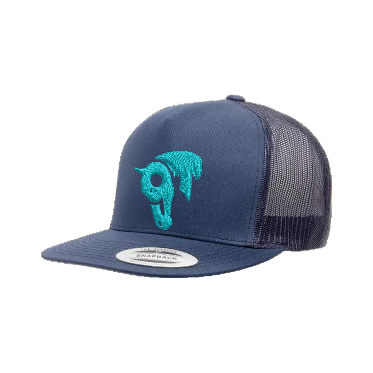 9T Horse Yupoong 6006 Hat / Navy / Teal / angle on white