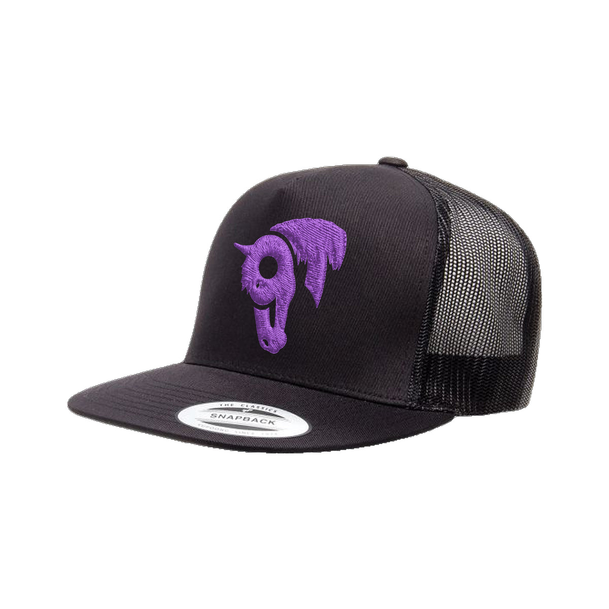 9T Horse Yupoong 6006 Hat / Black / Purple / angle on white