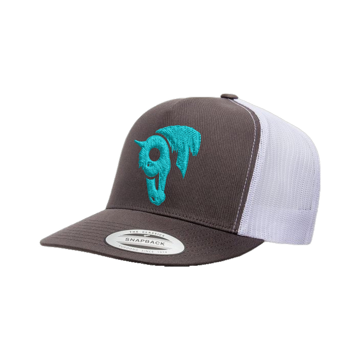9T Horse Yupoong 6006 Hat / Charcoal/White / Teal / angle on white