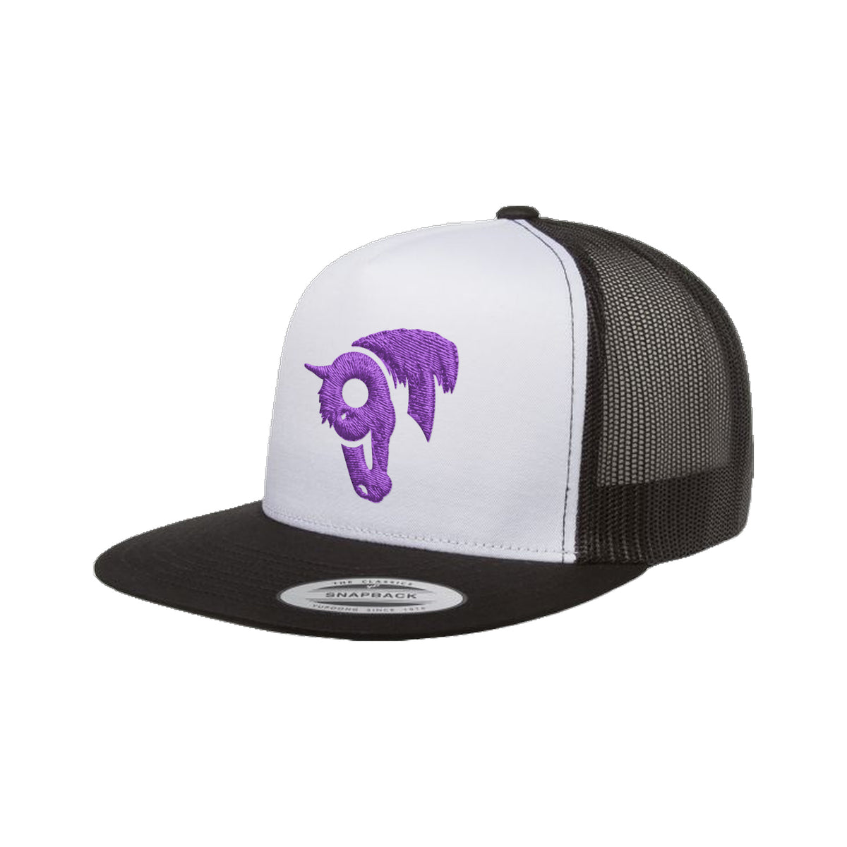 9T Horse Yupoong 6006 Hat / Black/White/Black / Purple / angle on white