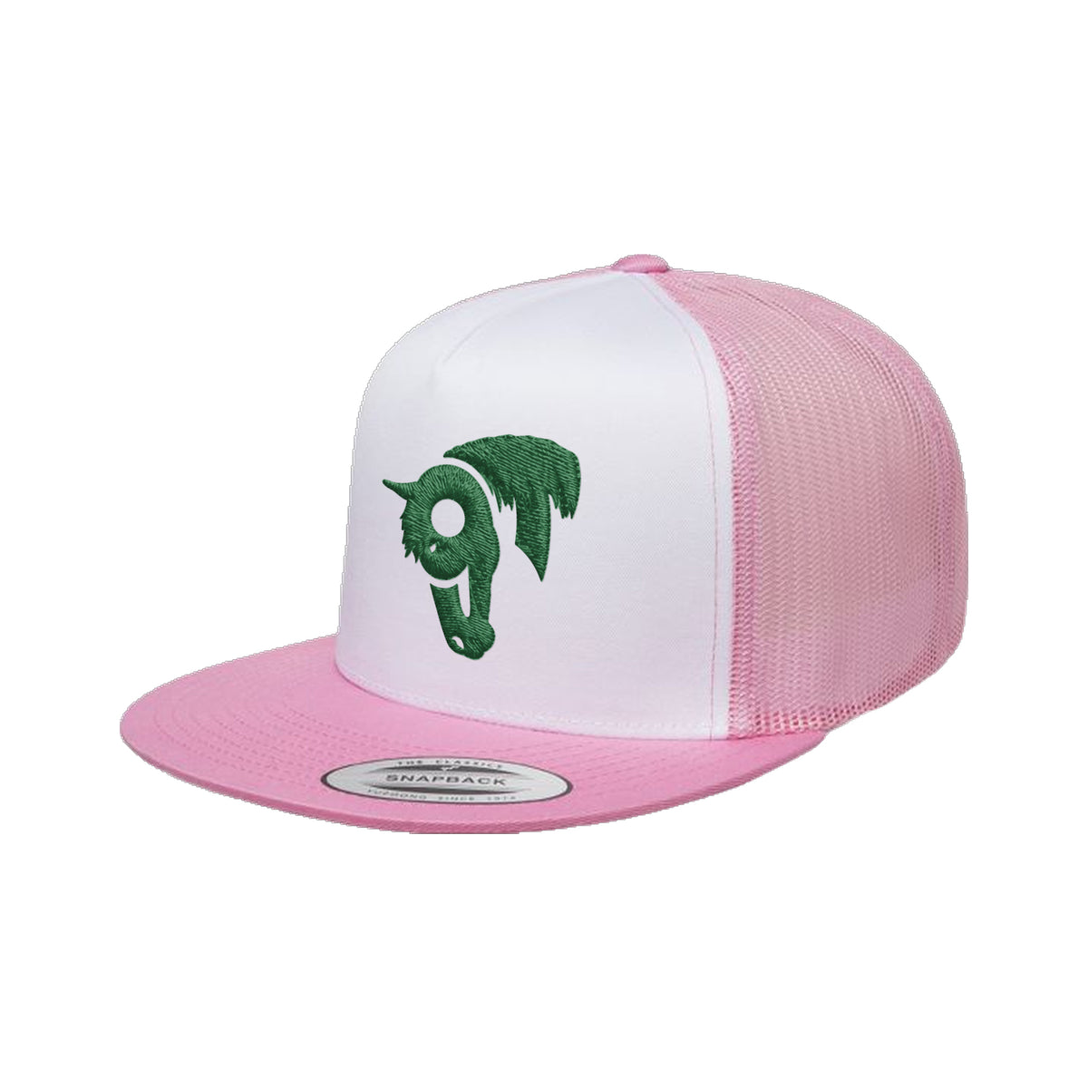 9T Horse Yupoong 6006 Hat / Pink/White/Pink / Dark Green / angle on white