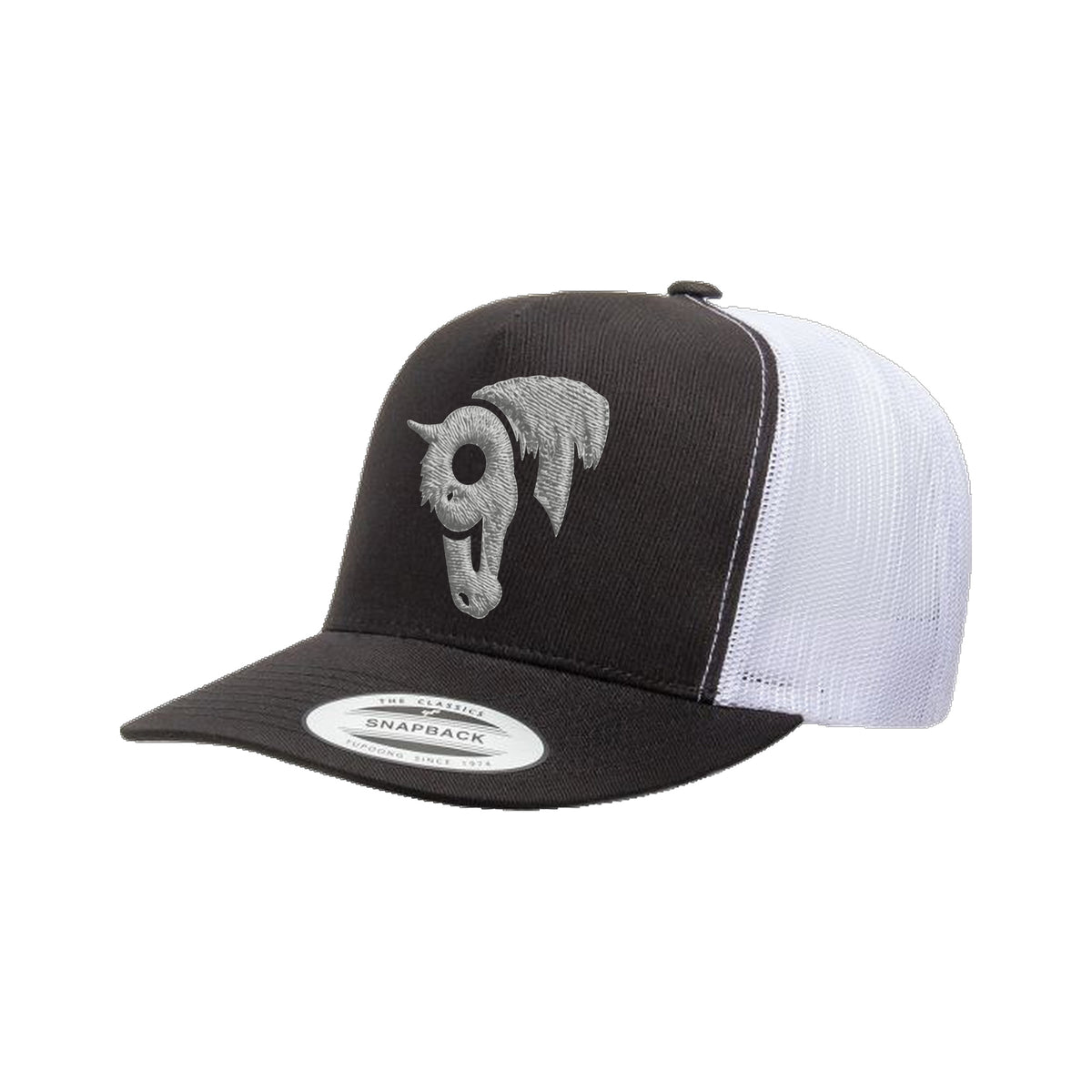 9T Horse Yupoong 6006 Hat / Black/White / Grey / angle on white