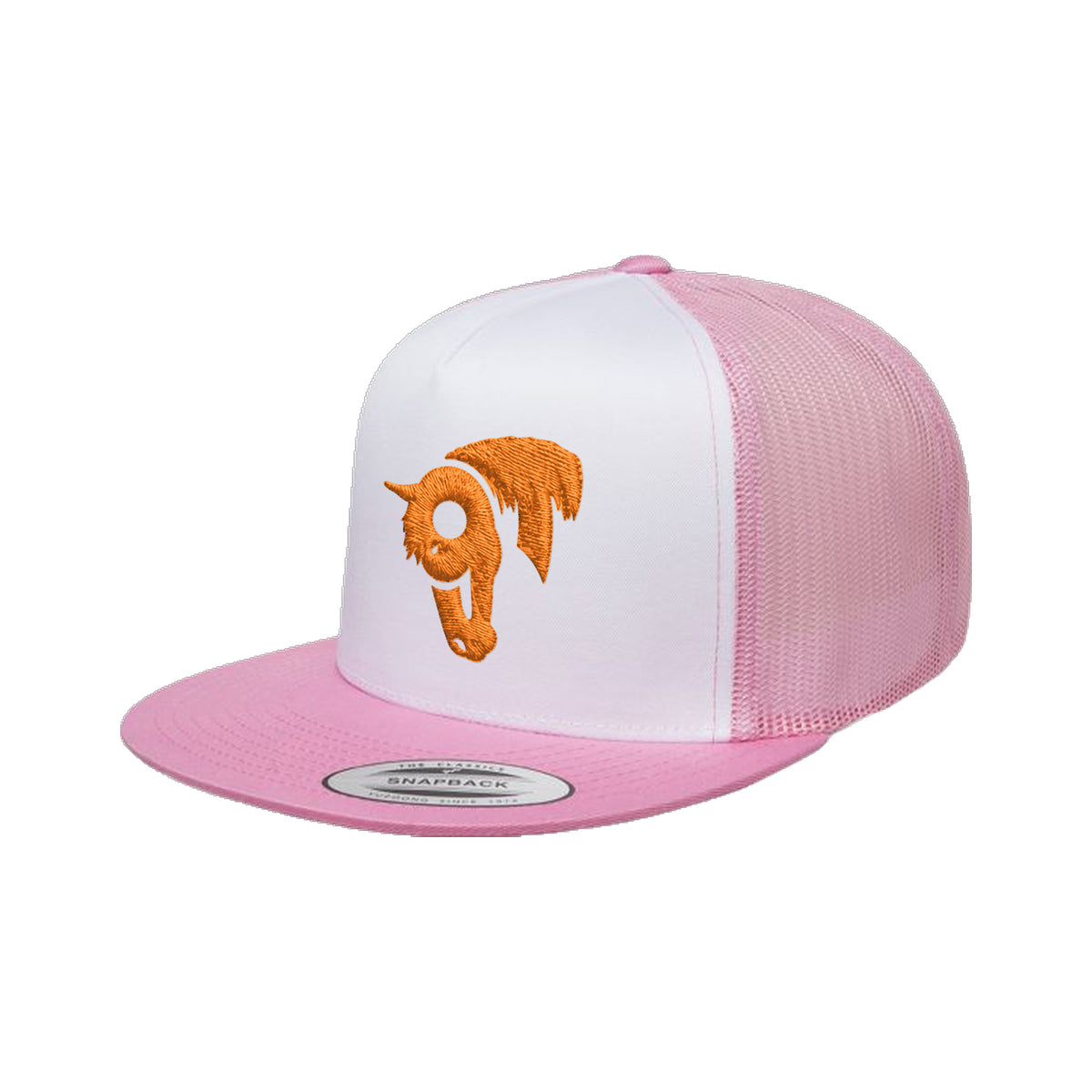 9T Horse Yupoong 6006 Hat / Pink/White/Pink / Orange / angle on white
