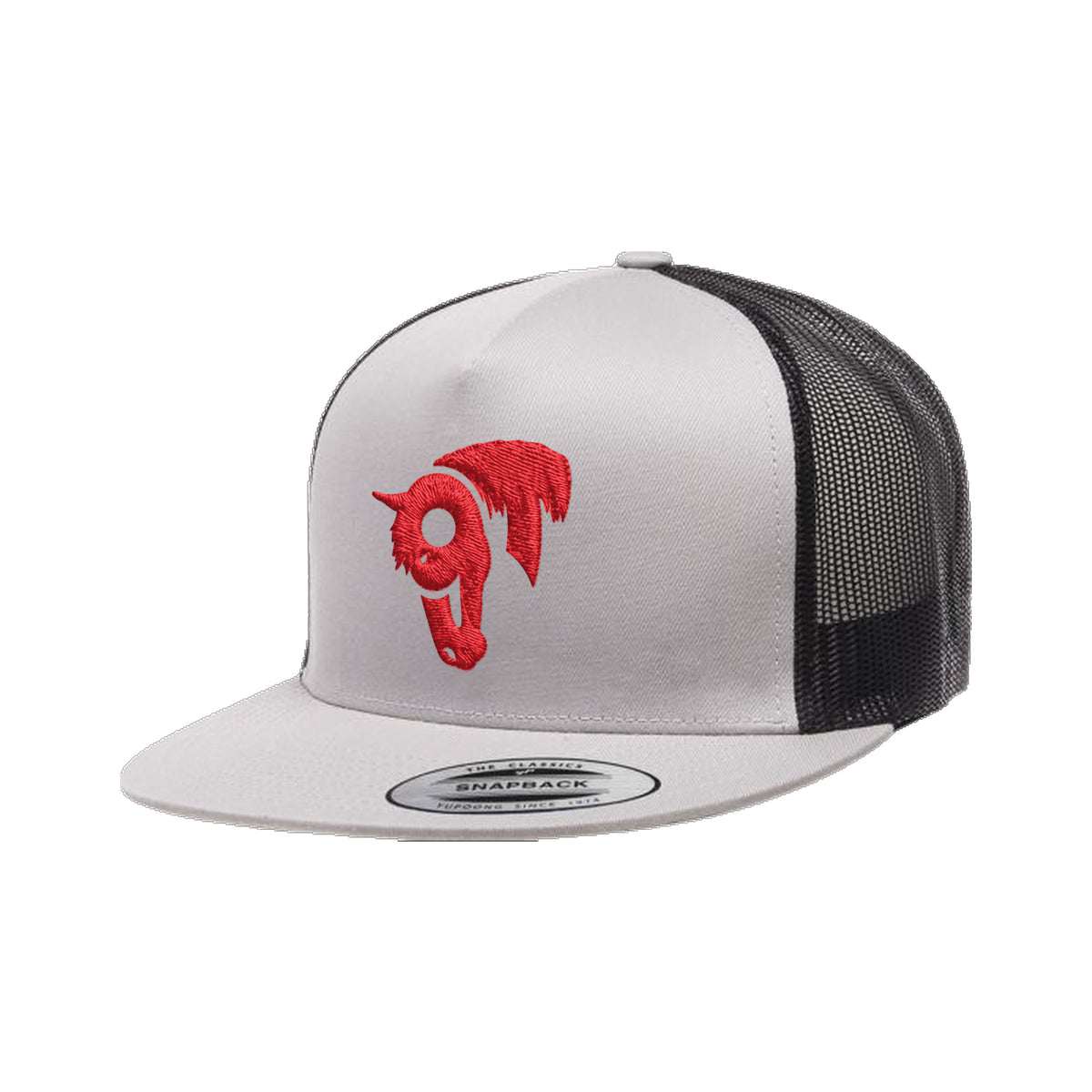 9T Horse Yupoong 6006 Hat / Black/Silver / Red / angle on white