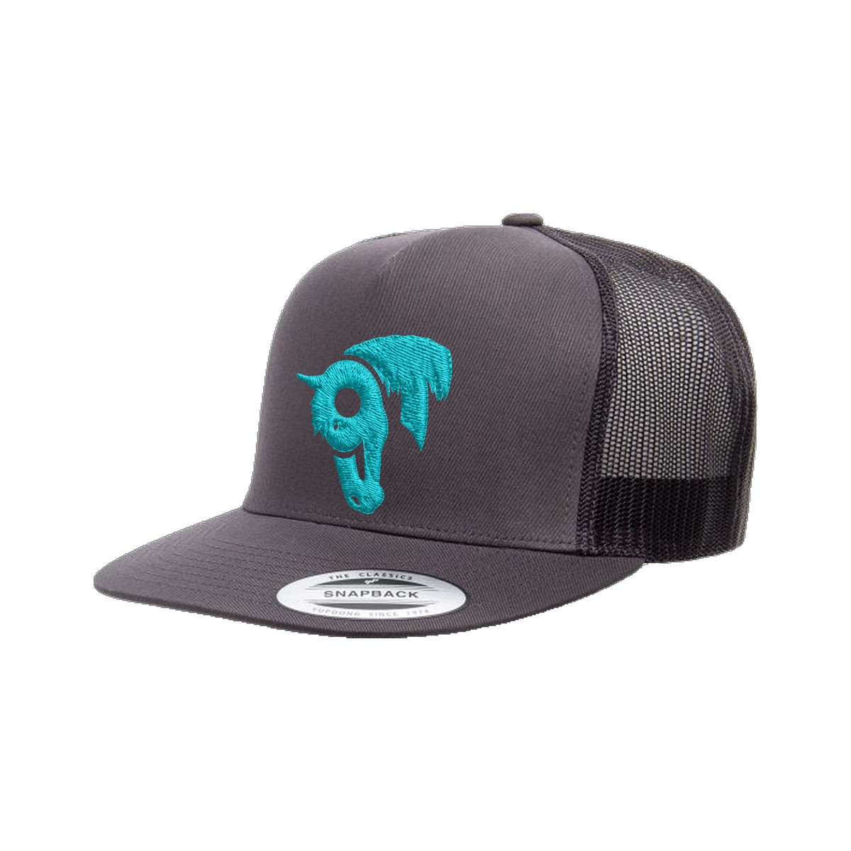 9T Horse Yupoong 6006 Hat / Charcoal / Teal / angle on white