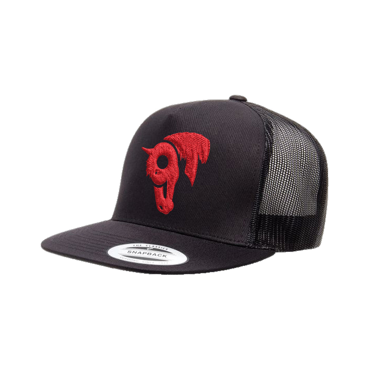 9T Horse Yupoong 6006 Hat / Black / Red / angle on white