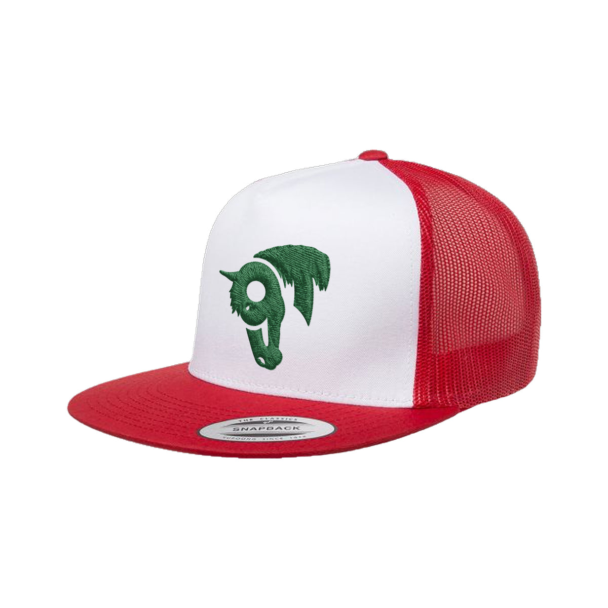 9T Horse Yupoong 6006 Hat / Red/White/Red / Dark Green / angle on white